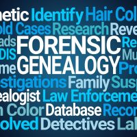 Forensic Genealogy Word Cloud on Blue Background